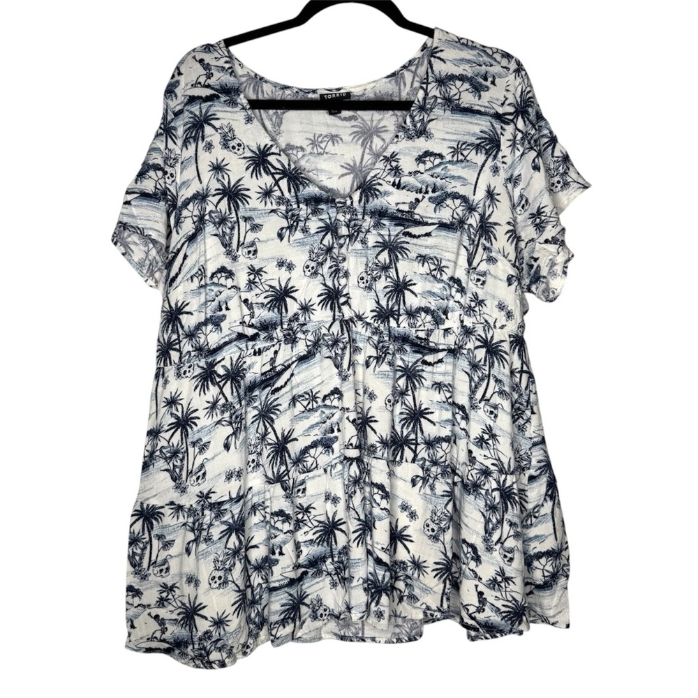 Torrid Tropical Skull Print Slub Babydoll Flutter Sleeve Top Plus Size 2